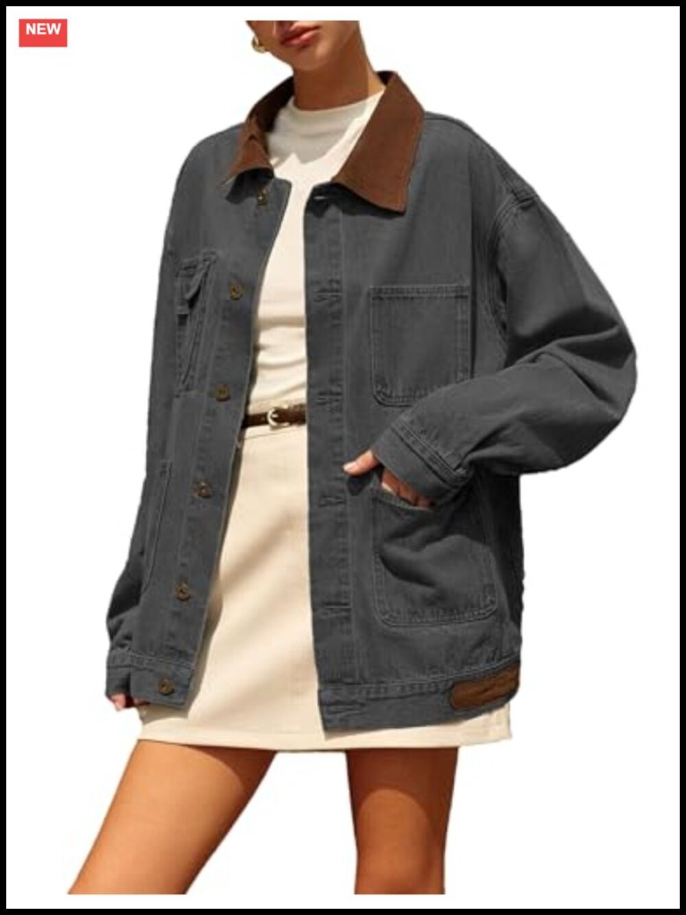 Oversized Denim Jacket Button Down Contrast Collar Jean Shacket Coat Pockets